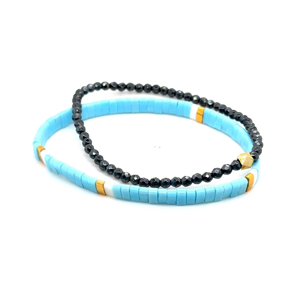 Blue Tila Bead and Faceted Hematite Stretch Bracelet Set Gold Tone Accents